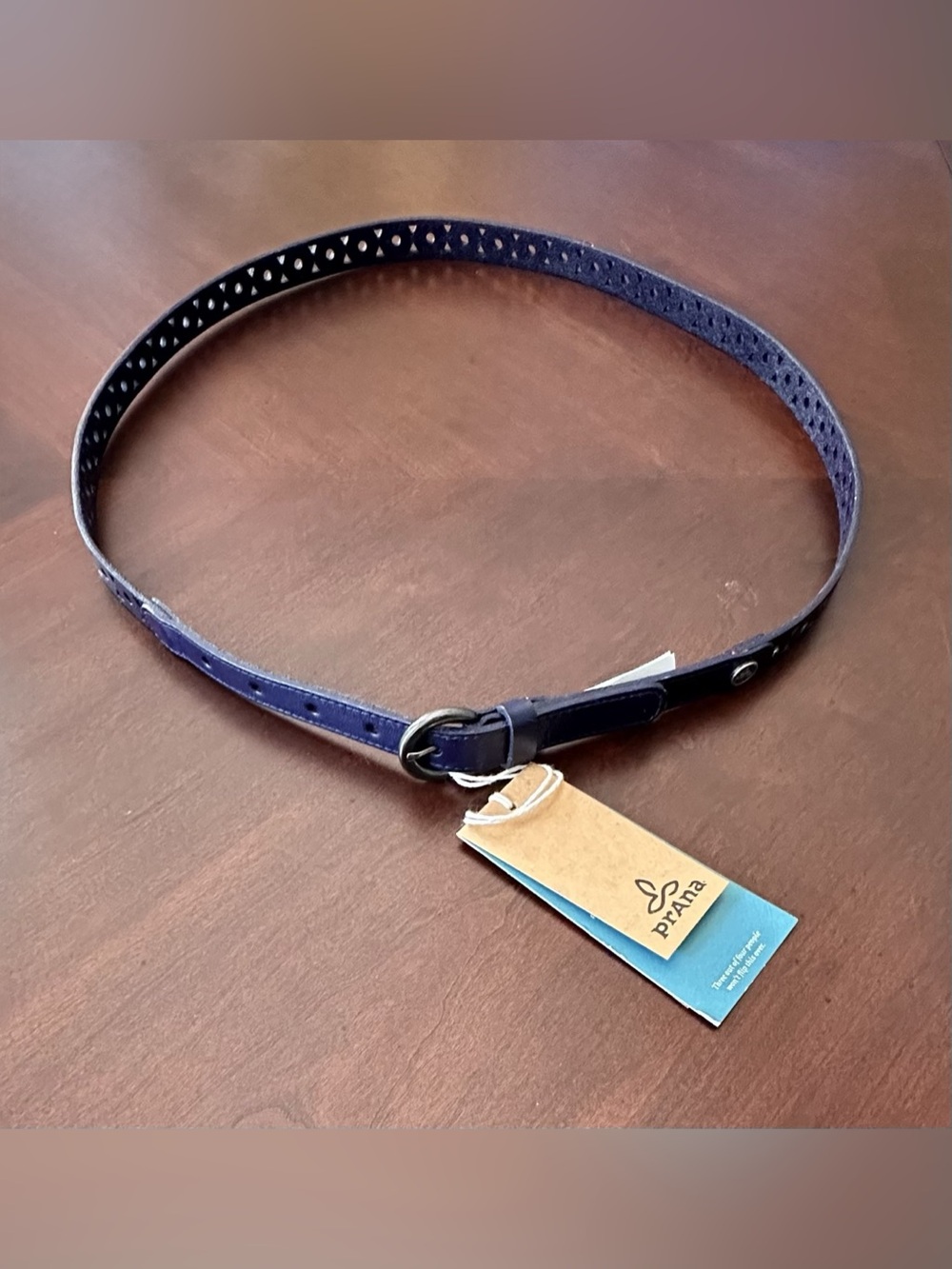 PrAna Leather Perforated Belt in Indigo; NWT, Sz M/L